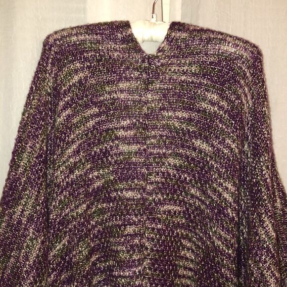 Avenue 1X-3X Knit Poncho Sweater with Patch Pockets in Purple Green Ivory - Picture 4 of 11